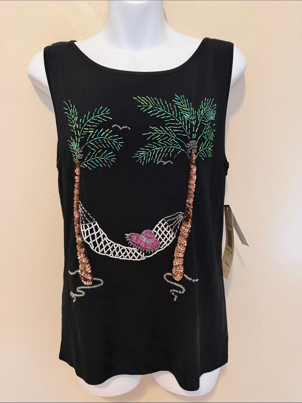 Sweaterworks Black Sequin Palm Tree Hammock Tank